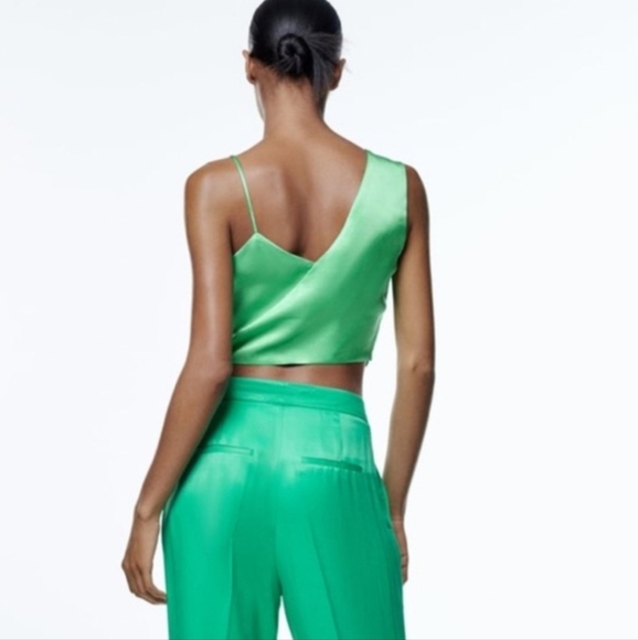 ZARA Intense Green Sstin Effect Asymmetric Wrap Front Tie Top. Size Small - Picture 2 of 14